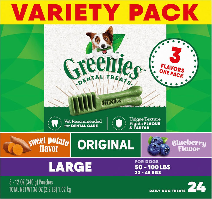 Large Dental Dog Treats, 3-Flavor Variety Pack, (3) 12 Oz. Pouches, (24 Treats)