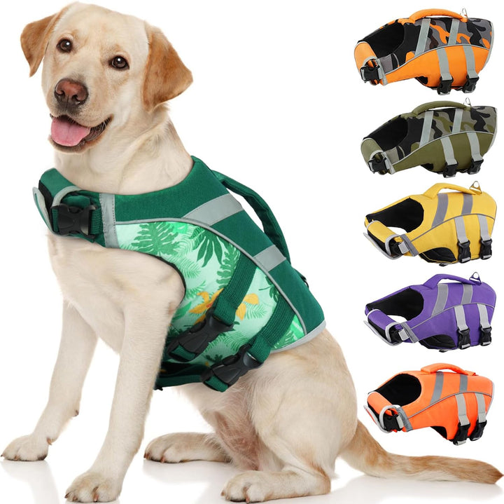 Dog Life Jacket with Reflective Stripes - Adjustable High Visibility Vest, Ripstop Lifesaver, Pet Preserver with High Flotation Swimsuit for Small, Medium and Large Dogs