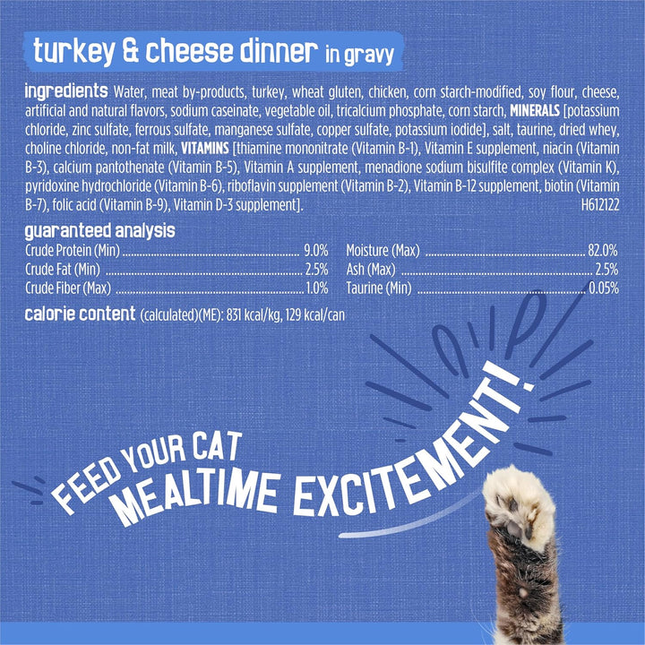 Purina  Gravy Wet Cat Food Variety Pack, Shreds with Beef, with Chicken, and Turkey and Cheese Dinner - (Pack of 24) 5.5 Oz. Cans