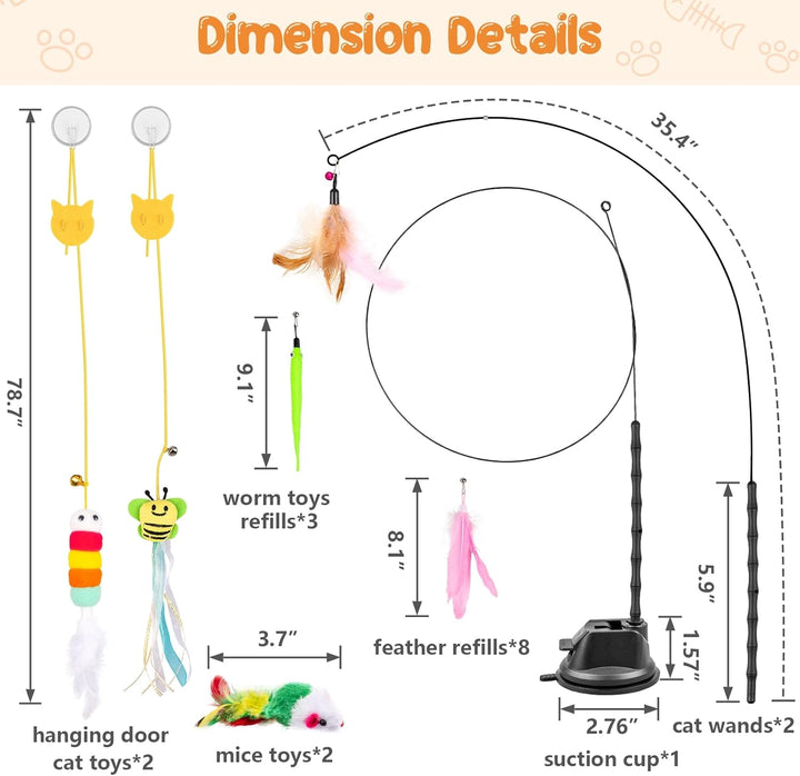 Cat Wand Toy, 15 Pcs Interactive Cat Feather Toys for Indoor Self Play & Exercise, 2 Play Modes Kitten Teaser Wand, Reusable Suction Cup Kitten Toys