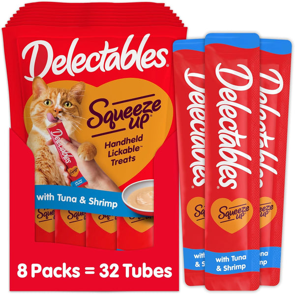 Delectables Squeeze up Creamy Squeezable Puree, Lickable Wet Cat Treats, Grain Free, No Added Fillers, No By-Products, No Added Preservatives, 0.5 Ounces Tuna & Shrimp, 32 Tubes Total