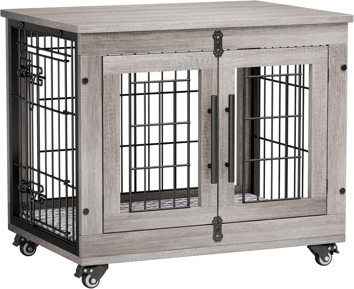 Dog Crate Furniture for Medium Dogs, 32'' Dog Kennel Indoor with Cushion & Wheels Wooden Dog Cage Double Doors Dog Crate End Table, Grey
