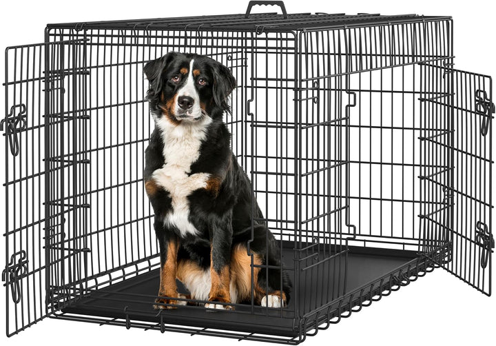 42 Inch Double Door Dog Crate W/Divider for Puppy to Adult XL Collapsible Metal Crate with Removable Tray Wire Dog Kennel for Large Dogs Portable Travel Cage, Black