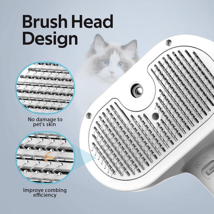 Pet Grooming Brush with Electronic Mist Spray - Gentle Deshedding Tool for Cats & Dogs, Pet Steam Brush，Reduces Shedding, Soft Bristles, Promotes Healthy Coat-Comes with a Hair Smoothing Comb-White
