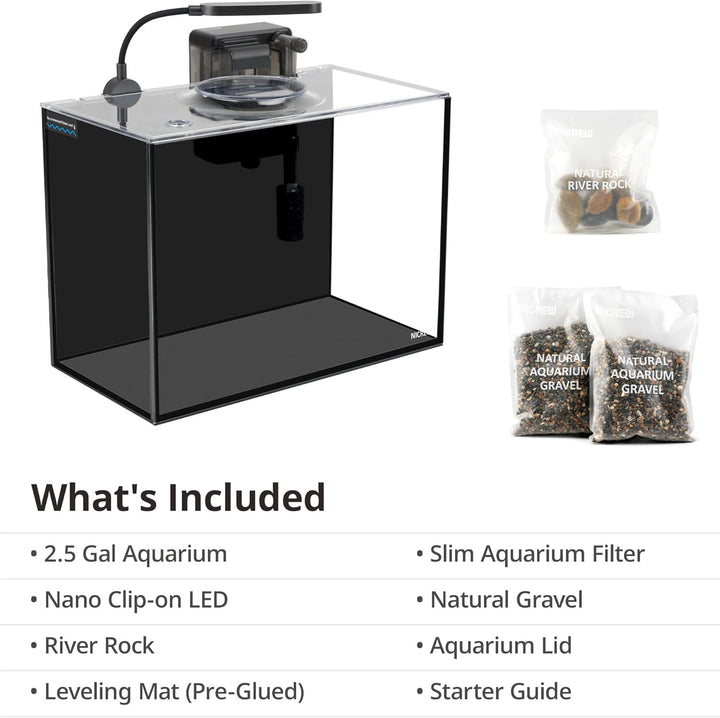 2.5 Gallon Nano Nature Aquarium Kit, Ultra-Clear Rimless Desktop Fish Tank with Light, Filter, Gravel and Rock, Perfect for Small Fish, Shrimp, or Betta, Complete Version, Black