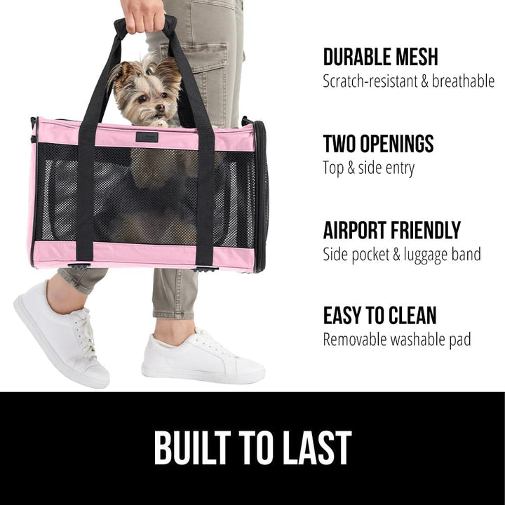 Cat Carrier Travel Bag up to 15 Lbs, Soft Collapsible Small Dog Carriers, Top and Side Entry Breathable Mesh, Grip Feet on Underside, Cozy Washable Waterproof Pad, Portable Kennel, Pink