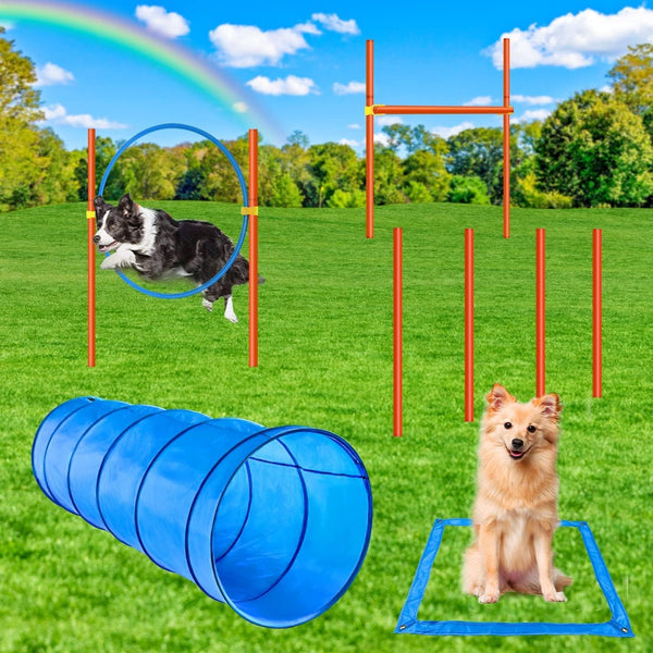 Dog Agility Course Backyard Set, Dog Obstacle Course Training Starter Kit Pet Outdoor Game with Tunnel, Agility Hurdle, Weave Poles, Jump Ring, Pause Box, Collapsible Dog Bowls and Storage Bag