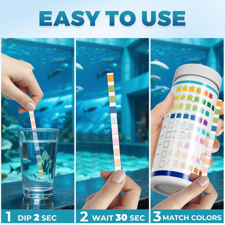 Aquarium Test Strips: 200CT 9 in 1 Quick & Accurate Fish Tank Water Testing Kit for Freshwater Pond Testing Nitrate Nitrite Hardness Free Chlorine Ph Carbonate Total Alkalinity Copper Iron