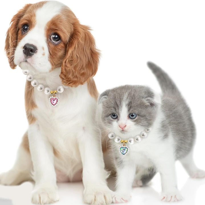 2 Pcs Adjustable Cat Dog Pet Pearl Collar Small Heart Shape Jewelry Necklace Adjustable Neck Strap Wedding Birthday Party Jewelry Accessories Fancy Pet Dress Collar for Puppy Small Cats