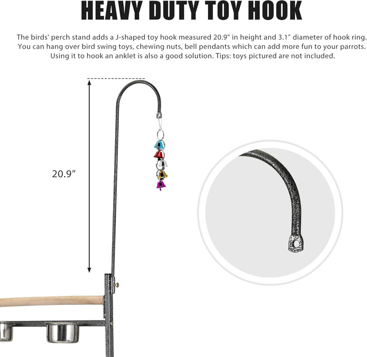 72" Parrot Stand,Stainless Steel Tray Bowls Large Bird Playstand,Parrot Perch with Easy Grip,Wrought Iron Bird Stand with Toy Hook,Macaw Play Gym Ground Stand Rolling Wheel,Pet Gift