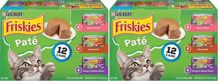 Purina  Wet Cat Food Pate Variety Pack Salmon Dinner, Turkey and Giblets Dinner and Mixed Grill - (2 Packs of 12) 5.5 Oz. Cans