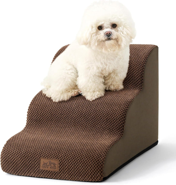 Dog Stairs for Small Dogs 15.7" H, Curved Dog Step for Puppy, Older Cat, Medium Pet Ramp for Sofa, Couch or Chair, Ladder with High Density Foam, 15.7X22.4X15.7 Inch, 3 Step, Beige