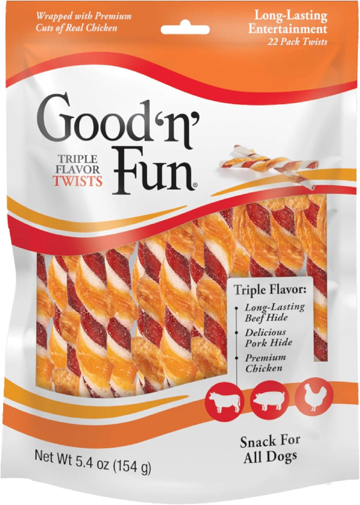 Good ‘N’ Fun Triple Flavor Twists for All Dogs, 70 Count, Treat Your Dog to Long-Lasting Chews Made with Beef Hide, Pork Hide and Chicken