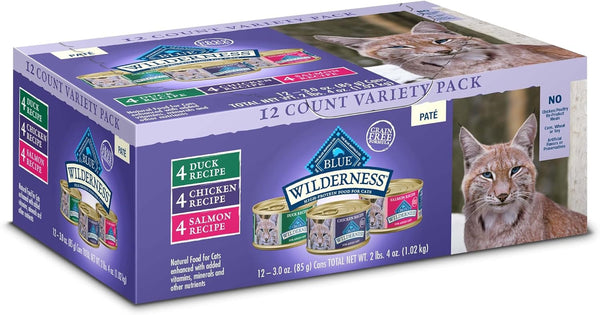 Wilderness High Protein, Natural Adult Pate Wet Cat Food Variety Pack, Chicken, Salmon, Duck 3-Oz Cans (12 Count- 4 of Each Flavor)