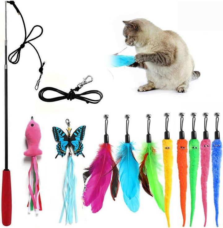 Cat Wand Toys Interactive Kitten Toys for Indoor Cats Colorful Teaser Wand String for Exercise Kitten Stick Kitty Rope Toy Rainbow Ribbon Cat Charmer -2Pcs