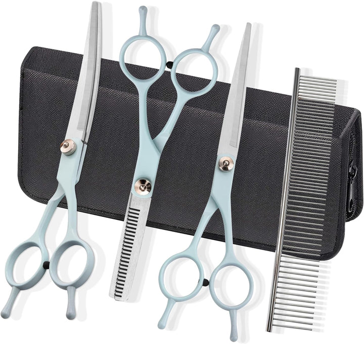 Dog Grooming Scissors Kit,  Professional Dog Trimming Scissors Set, Hair Cutting Curved Thinning Shears for Pet Cat at Home, Pet Grooming Supplies