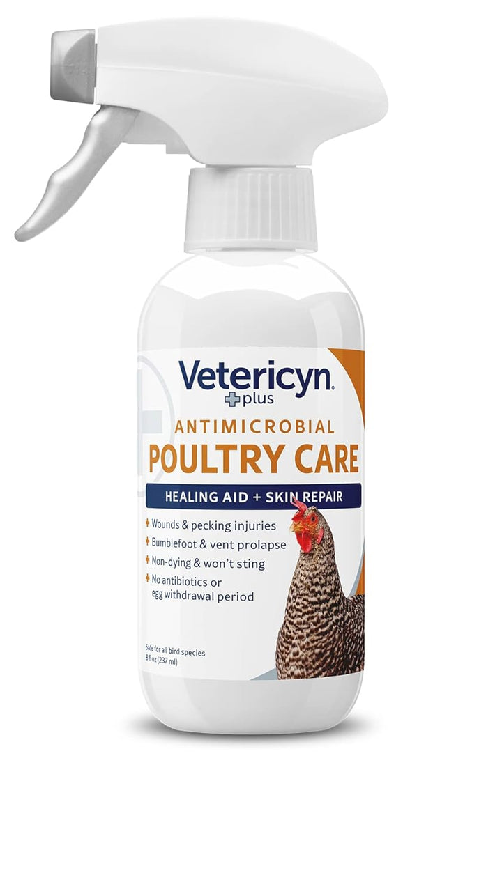 plus Poultry Care Spray | Healing Aid and Skin Repair for Chicken Wounds, Pecking Injuries, Bumblefoot, Vent Prolapses, and More. 8 Ounces