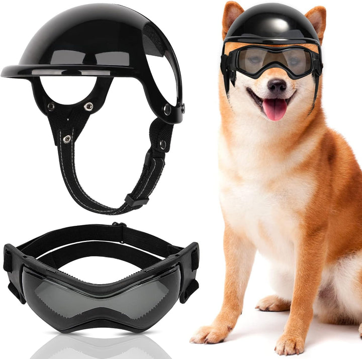 Dog Helmet and Goggles - UV Protection Doggy Sunglasses Dog Glasses Pet Motorcycle Helmet Hat with Ear Holes Adjustable Belt Safety Hat for Small Medium Large Dogs Puppy Riding (Black, S)