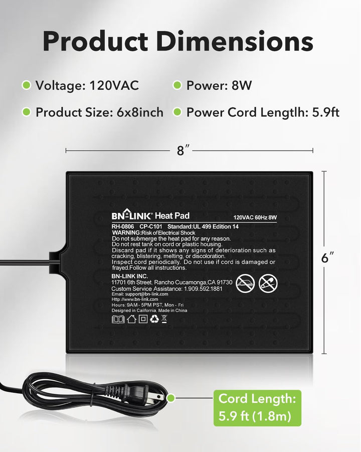 Reptile Heat Pad 6"X8" 8W for 10-20Gal under Tank Terrarium Heating Mat Waterproof for Turtle, Lizard, Frogs, Snake, Hermit Crab