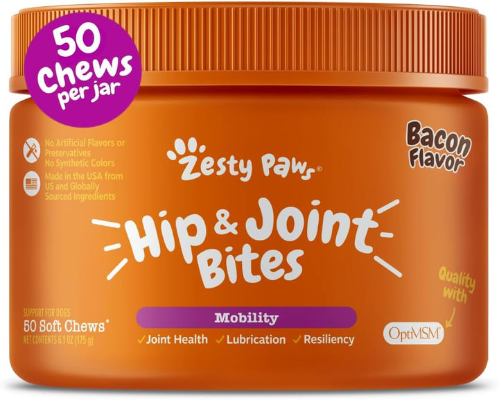 Hip and Joint for Dogs, Glucosamine for Dogs Hip and Joint Supplement with Chondroitin, MSM, Vitamins C & E - Bacon, 90 Count