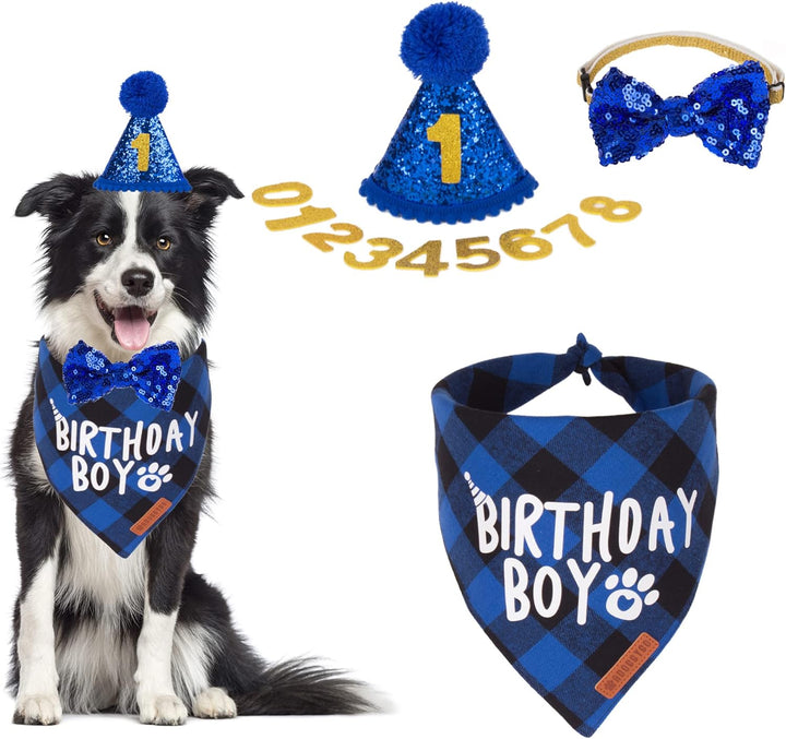 Dog Birthday Party Supplies, Multi Size Offered, Blue Dog Birthday Hat Bandana Numbers Bow Set for Large X-Large Dogs Pets (X-Large)