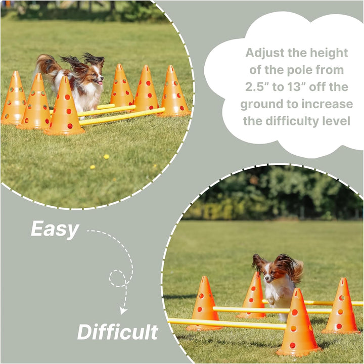 Dog Agility Hurdle Cone Set – Dog Agility Set with Height Adjustable Crossbar for Beginners & Advanced, Dog Agility Equipment for Dog Obstacle Courses – 6 X Cones, 3 X Agility Rods