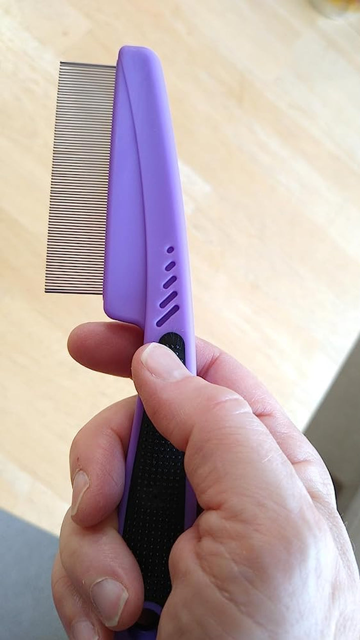 Flea Comb with Rubber Handle, Flea and Tick Combs for Dogs & Cats, Fine Tooth Dog Comb for Grooming (Purple)