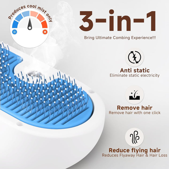 Pet Steam Brush for Dog & Cat - 3-In-1 Steam Grooming Brush for Shedding & Hair Removal - Self Cleaning Spray Comb with Mist for Long Haired Pets - Includes 1*Waterless Shampoo, Blue