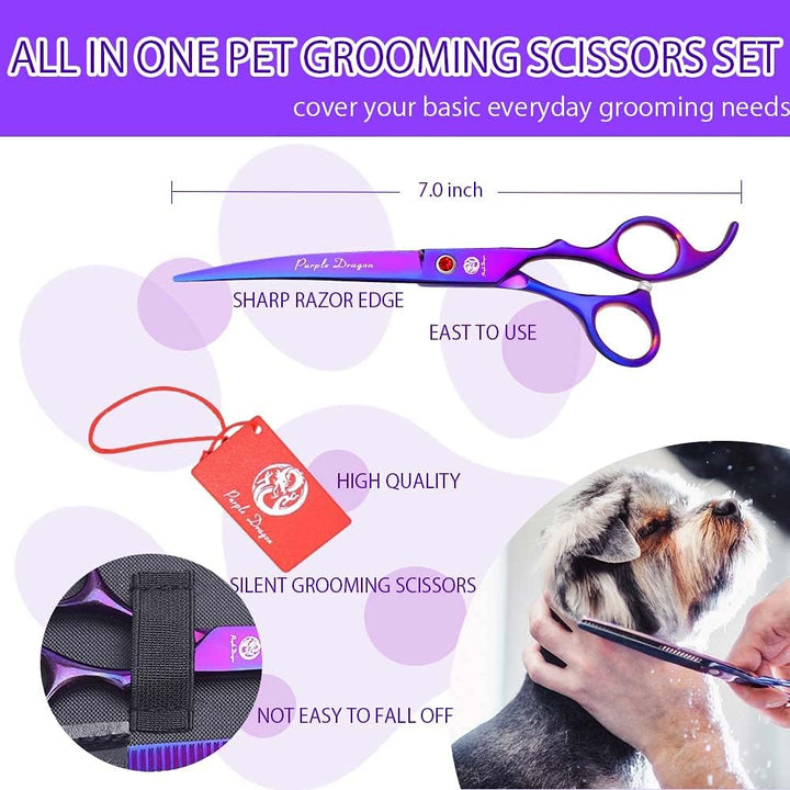 Professional 7.0 Inch 4PCS Pet Grooming Scissors Kit Japan Premium Steel Straight & Curved & Thinning Blade Dog Hair Cutting Shears Set with Case