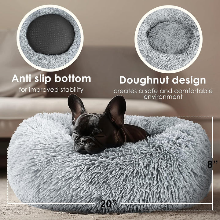 Dog & Cat Bed for Indoor Cats, 20In Calming Donut Bed for Puppy and Kitten, Washable round Fluffy Pet Bed for Small Medium Dogs and Cats (Light Grey)