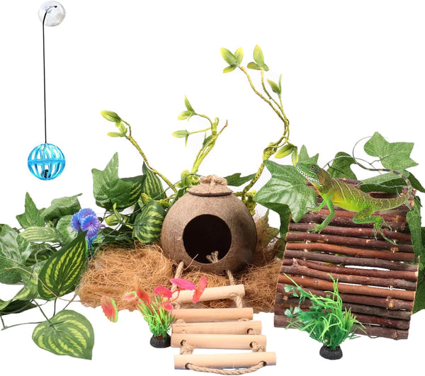Crested Gecko Tank Accessories，Reptile Vines Plants with Coconut Shell Ladder Hideout Hermit Crab Decor for Bearded Dragon Lizard Chameleon Tortoise Snake