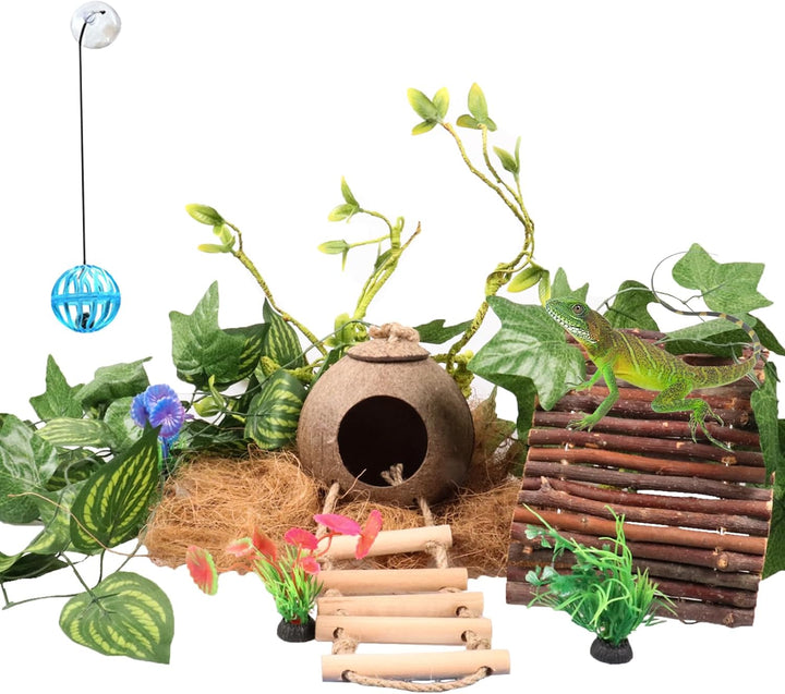 Crested Gecko Tank Accessories，Reptile Vines Plants with Coconut Shell Ladder Hideout Hermit Crab Decor for Bearded Dragon Lizard Chameleon Tortoise Snake
