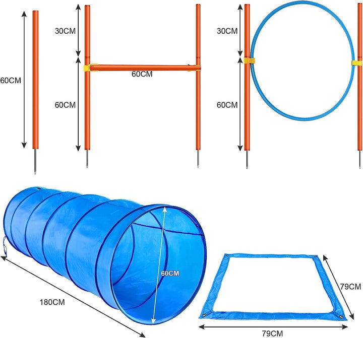 Dog Agility Course Backyard Set, Dog Obstacle Course Training Starter Kit Pet Outdoor Game with Tunnel, Agility Hurdle, Weave Poles, Jump Ring, Pause Box, Collapsible Dog Bowls and Storage Bag