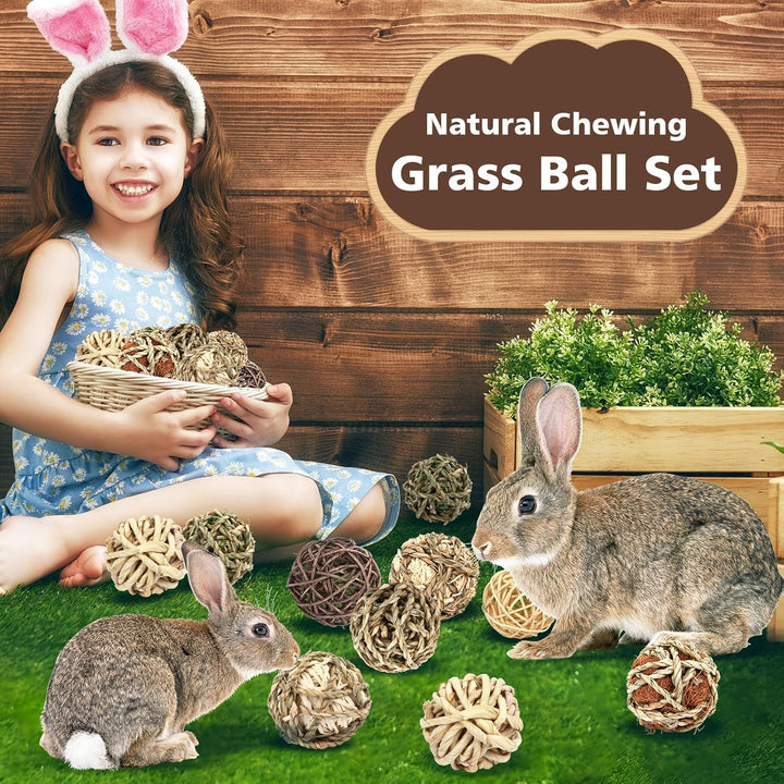 Bunny Chew Grass Balls, (8 Pcs) Rolling Chew Toys for Small Animals, Natural Chew Grass Toys and Bunny Treats for Rabbits, Guinea Pigs, Chinchillas, Hamsters, Mice Teeth Grinding