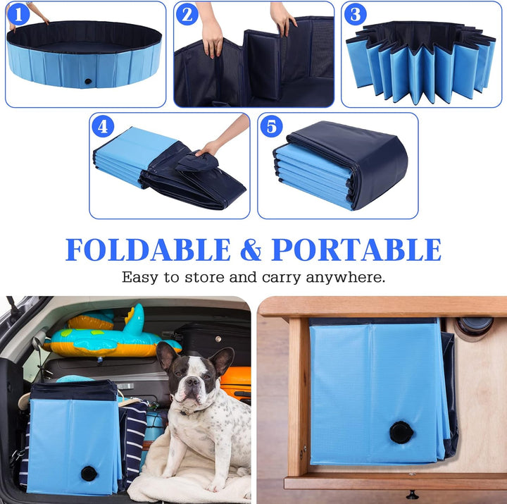Foldable Dog Pool, Portable Pet Bath Tub and Kiddie Swimming Pool, Collapsible Bathtub for Puppies, Small, Medium and Large Dogs, Cats and Kids, 32 X 8 In, Blue