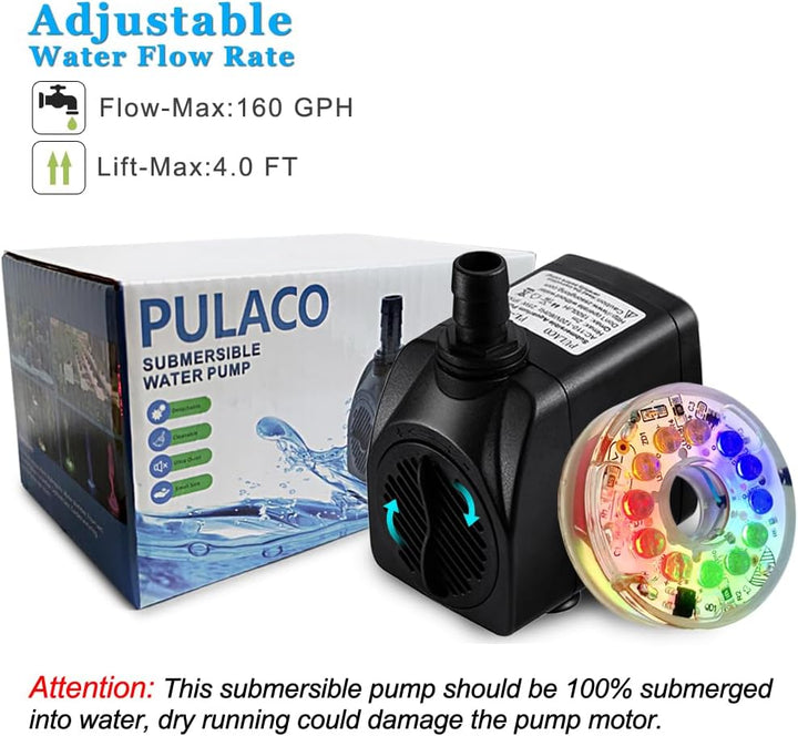 10Watt 160GPH Submersible Fountain Pump with Automatic Color Changing LED Light and Flow Regulator for Water Feature, Outdoor Pond, Aquarium Fish Tanks
