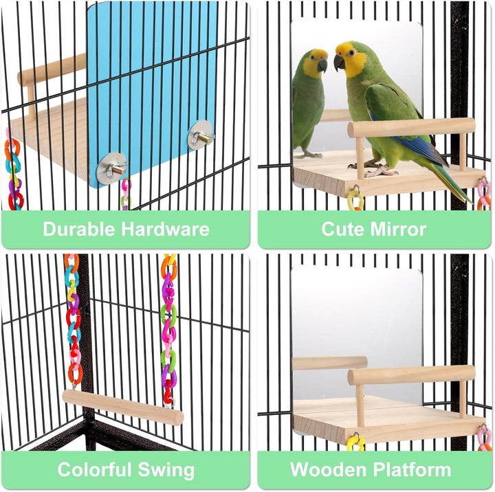 bird Perch Platform Bird Toys with Bird Mirror Climbing Ladder Swing, Parakeet Cage Accessories - for Cockatiels, Lovebirds, Budgies,Pacific Parrotlets,Finch,Canaries - Wooden Play Gym
