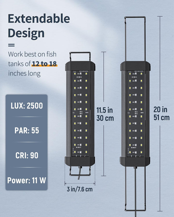 11W Aquarium LED Light for 12 to 18 Inch Fish Tanks Extendable Fish Tank Light with Full Spectrum Brilliant White Blue Red Lights with Daytime & Night Modes and Adjustable Brightness