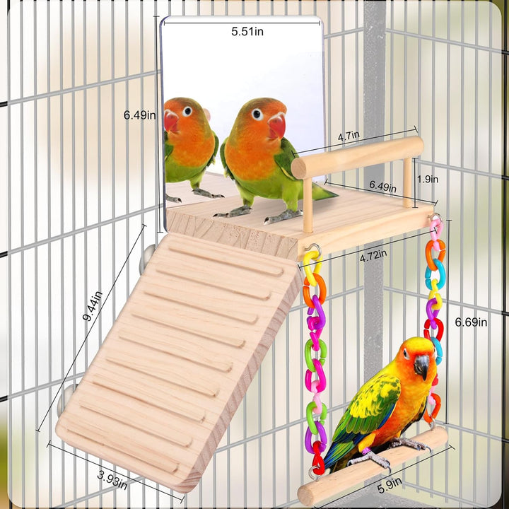 bird Perch Platform Bird Toys with Bird Mirror Climbing Ladder Swing, Parakeet Cage Accessories - for Cockatiels, Lovebirds, Budgies,Pacific Parrotlets,Finch,Canaries - Wooden Play Gym