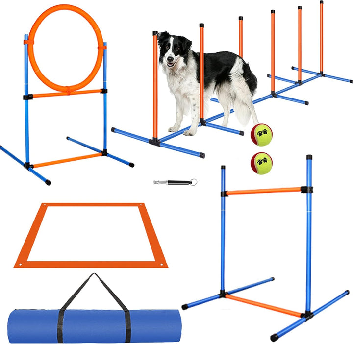 Dog Agility Training Equipment, 60-Piece Dog Obstacle Course Training Starter Kit Pet Outdoor Game with Tunnel, Agility Hurdle, Weave Poles, Jump Ring, Pause Box, Toy Balls and Storage Bag