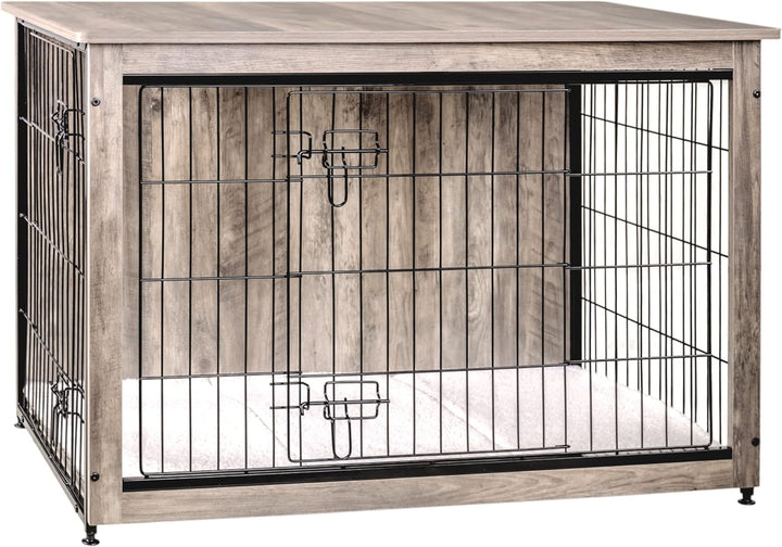 Dog Crate Furniture with Cushion, Wooden Kennel Table with Double Doors, Indoor Dog House, Small/Medium/Large/Extra Large Size, 27.2" L, Rustic Brown