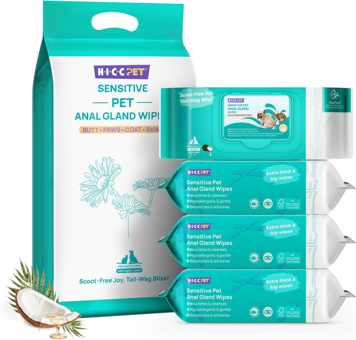 Wipes for Dogs & Cats, Vet Recommended Cleansing Deodorizing & Soothing Allergy Infections Anal Gland Wipes with Coconut Oil, Dog Wipes for Cleaning Butt Paw, Remove Small Animal Coat Stain