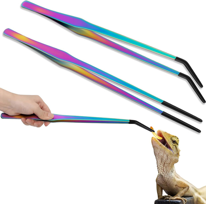 2 Pcs Extra Long Stainless Steel Reptile Feeding Tongs with Rubber Tip Bearded Dragon Aquarium Straight and Curved Long Tweezer Terrarium Feeder Tool for Tank(Silver, 10 Inch, 10.5 Inch)