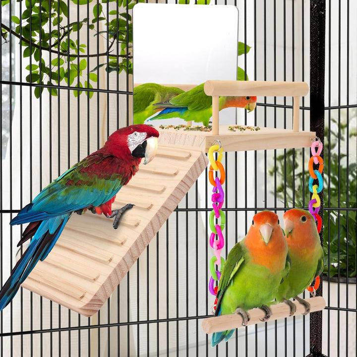 bird Perch Platform Bird Toys with Bird Mirror Climbing Ladder Swing, Parakeet Cage Accessories - for Cockatiels, Lovebirds, Budgies,Pacific Parrotlets,Finch,Canaries - Wooden Play Gym