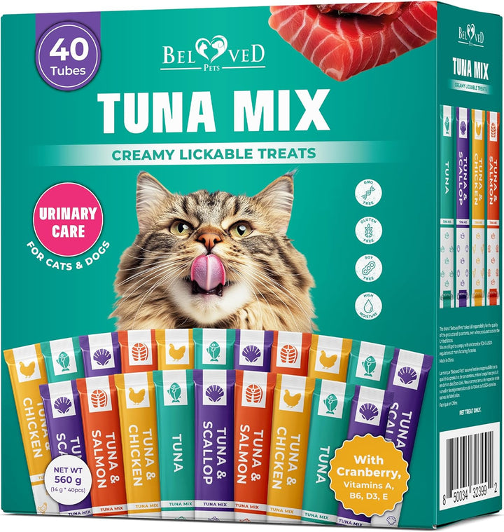 Creamy Lickable Cat Treats & Wet Squeeze Tubes – Tuna Mix, Liquid Cat Snacks, Urinary Care, Multivitamin Treats for Cats & Small Dogs, Lick up (10 Ounce (Pack of 1), Tuna Mix 40 Sticks)