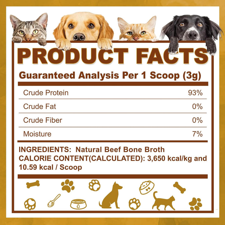 Grass-Fed Beef Bone Broth Protein Powder for Dogs & Cats - Joint & Bone Support, Healthy Fur Enhancer, Pet Food Topper for Dry & Wet, 10.58Oz