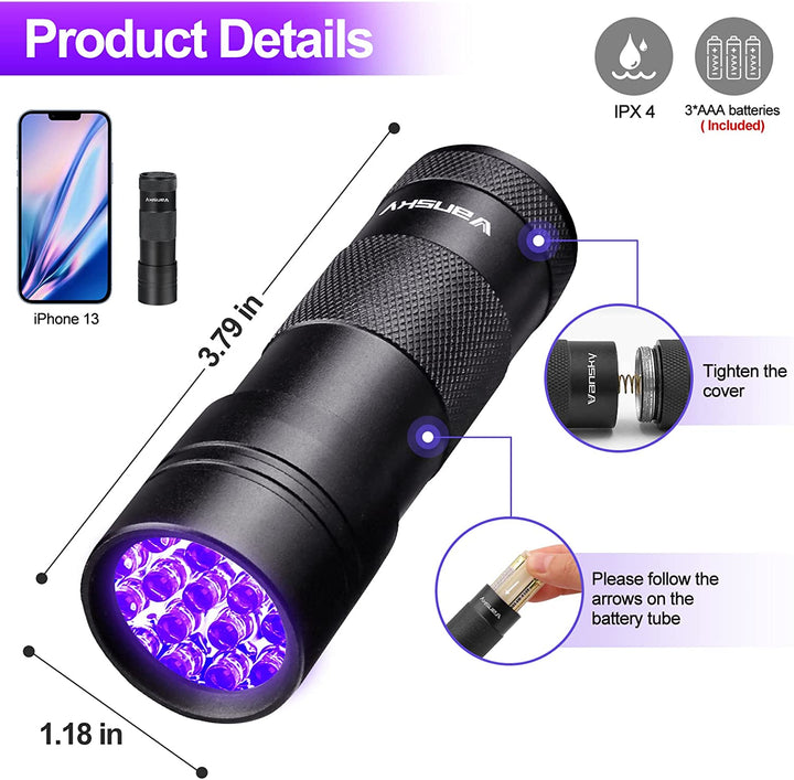 Black Light UV Flashlight, Blacklight 12 LED Urine Detector for Dog/Cat/Pet Urine & Dry Stains and Bed Bug on Carpets/Rugs/Floor,Matching with Pet Odor Eliminator