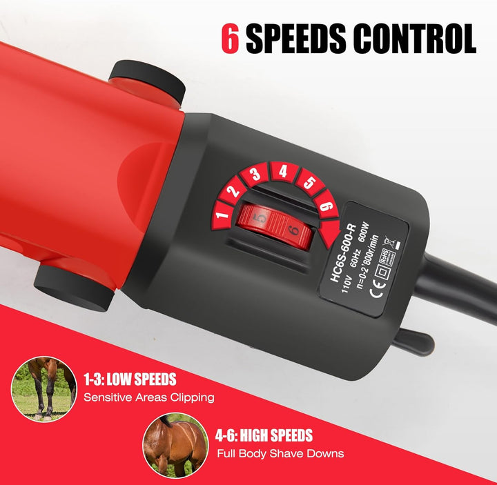 Horse Clippers, 600W Professional Heavy Duty Horse Body Clippers, 6-Speeds Large Livestock Clippers for Body Clipping Horse Equine Cattle and Thick Coat Animals, with One Set of Extra Blades