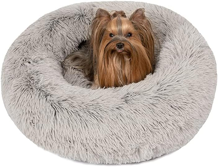 Donut Dog Bed Faux Fur Fluffy Calming Sofa for Medium Dogs, Soft & Plush anti Anxiety Pet Couch for Dogs, Machine Washable Coco Pet Bed with Non-Slip Bottom, 30"X30"X7" Ivory