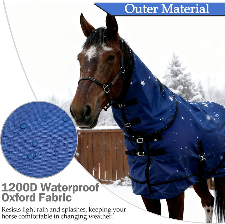 Horse Blankets Winter for Real Horses, 1200D Waterproof Poly Rain Sheets with Neck Cover Belly Wrap Tail Wrap Turnout Blanket, Horses Stuff Care Medium Large Weight Heavy Outdoor Clothes Blue 75 Inch